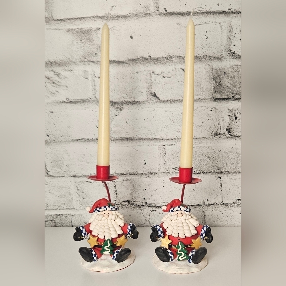 Whimsical Santa Taper Candle Holders Pair – Christmas Table Decor 7.5"
